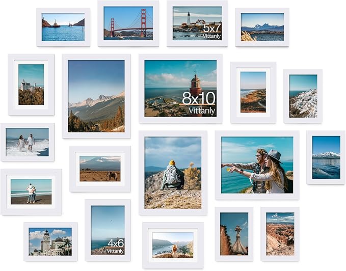 Vittanly 20 Pack Picture Frames Collage Wall Decor, Gallery Wall Frame Set with 4Pcs 8x10, 8Pcs 5x7 and 8Pcs 4x6 Photo Frames, Picture Frame Set for Wall Collage or Tabletop Display, White