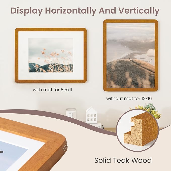 12x16 Picture Frame - Solid Teak Wood 12x16 Poster Frame, 12''x16'' Picture Frame With Mat For 8.5x11, Tempered Glass and Hanging Hardware Included, 16 By 12 Frame Wood, Natural Teak
