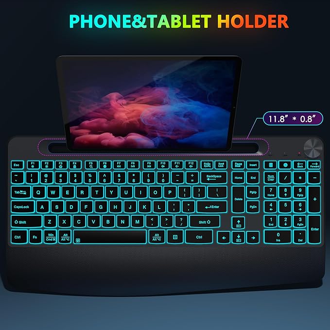 JOYACCESS Ergonomic Wireless Backlit Keyboard with Phone Holder,Rechargeable Wireless Keyboard Mouse Combo with Light Up Keys for for Laptop, PC, Mac, Windows-Grey