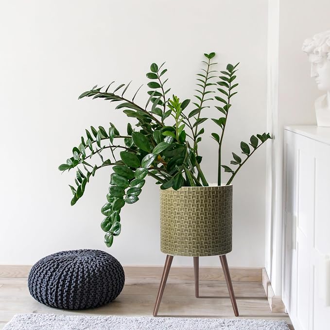 D'vine Dev 16 Inch Modern Geometric Tile Patterned Sleek Planter Pot with Stand, Indoor Outdoor Decorative Plant Holder, Distressed Olive, 88-Z-E-4