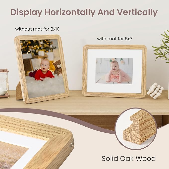 8x10 Picture Frame - Solid Oak Wood 8 x 10 Photo Frame, 8''x10'' Frame With Mat For 5x7, Tabletop and Wall Display, Hanging Hardware Included, 8 By 10 Picture Frame Wood, Natural Oak