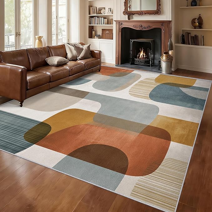4x4 Mid Century Geometric Rugs for Bedroom Decor, Washable Mid Century Modern Pattern Area Rug, Living Room Home Decoration, Non Slip Soft Thin, Modern Abstract Decor Carpet PF-P 117