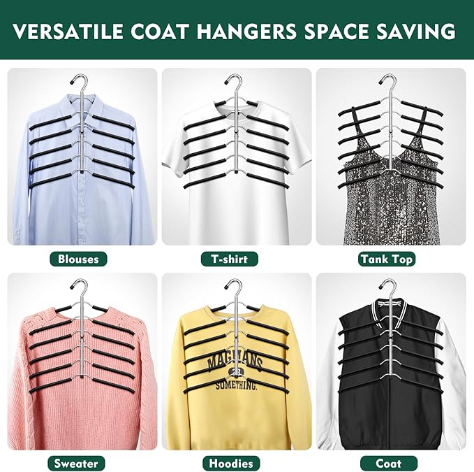 DOIOWN Space Saving 6 Tier Coat Hangers - Non Slip Foam Padded, Black Metal Sweater & T Shirt Hangers for Men & Women, 2 Pack Closet Organizers