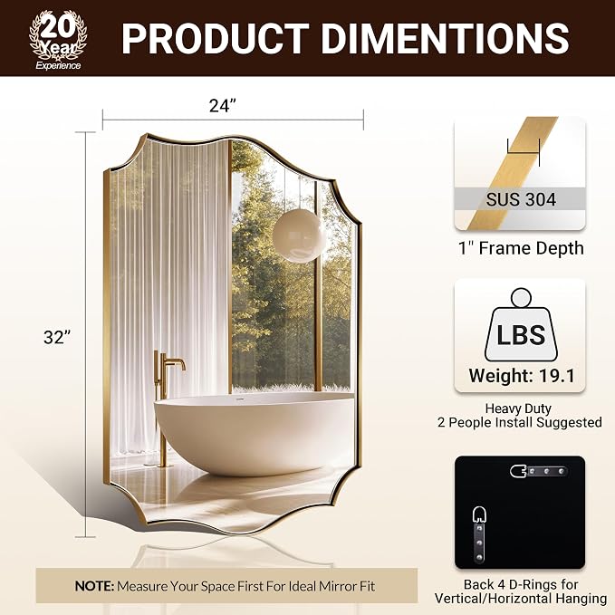 ANDY STAR Gold Mirrors, 24x32 Inch Bathroom Vanity Mirror, Antique Brass Asymmetrical Mirror, Unique Rectangle Mirror with Sophisticated Curved Design, Ideal for Home Decor