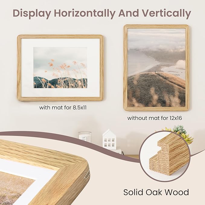 12x16 Picture Frame - Solid Oak Wood 12x16 Poster Frame, 12''x16'' Picture Frame With Mat For 8.5x11, Tempered Glass and Hanging Hardware Included, 16 By 12 Frame Wood, Natural Oak