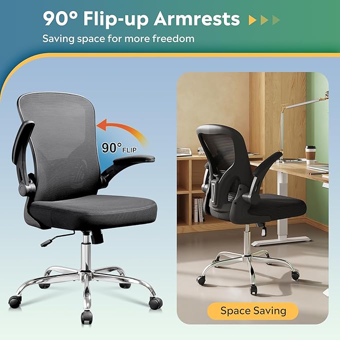DEVAISE Office Chair, Ergonomic Computer Desk Chair with Flip-up Armrests, Comfy Mesh with Adjustable Lumbar Support, Black