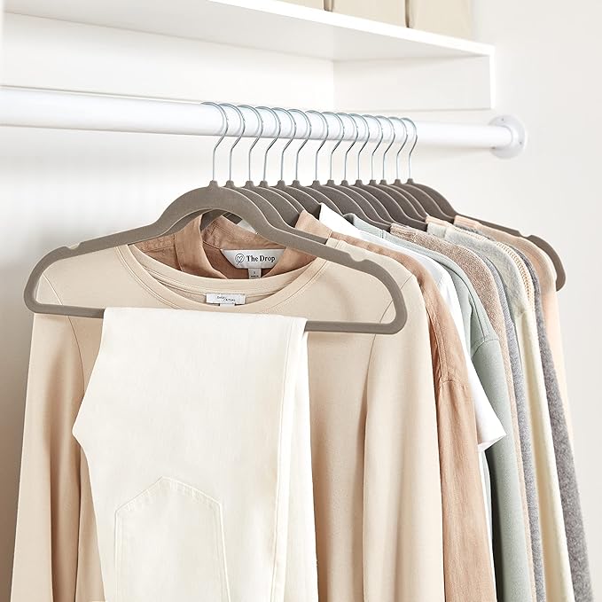 Amazon Basics Slim, Velvet, Non-Slip, Durable Suit Clothes Hangers for Closet, Coats, Pants, Shirts, Gray/Silver, Pack of 100