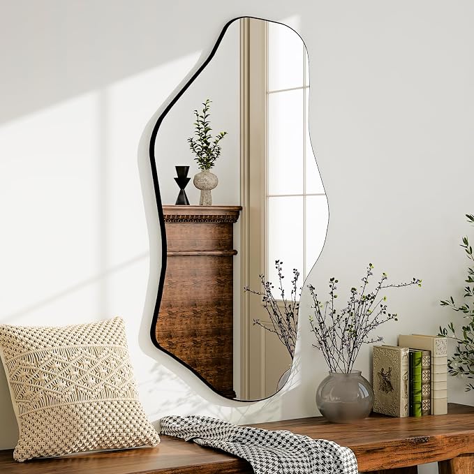 GLSLAND Irregular Wall Mirror 20"x40" - Frameless Wavy Bathroom Mirror with Asymmetrical Edge, Wall Mirrors Decorative for Bedroom, Living Room, Hallway