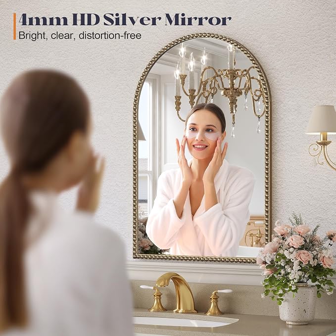 Beaded Arched Mirror for Wall, 30"x40" Gold Arch Brass Bathroom Mirrors, Champagne Bronze Vintage Metal Frame Decorative Mirror for Mantle,Bedroom Dressing Room Entryway Fireplace