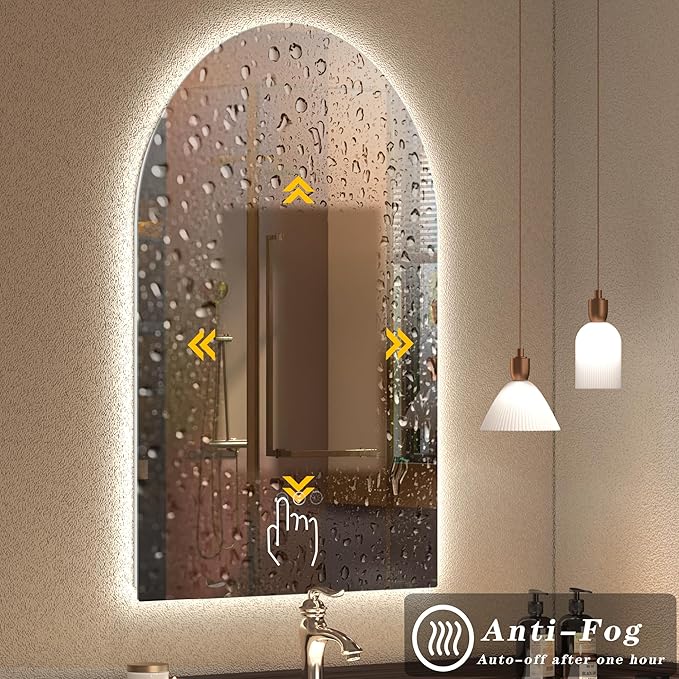 22x30 Arched LED Mirror for Bathroom, Arched Lighted Vanity Mirror, Dimmable, Backlit, Shatter-Proof, Anti-Fog, 3 Colors, Memory, ETL Listed