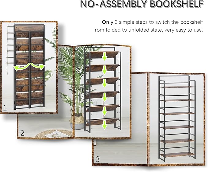 4NM No Assembly 6 Tiers Folding Bookshelf Storage Shelves Vintage Bookcase Standing Racks Study Organizer Home Office (Rustic Brown Black)