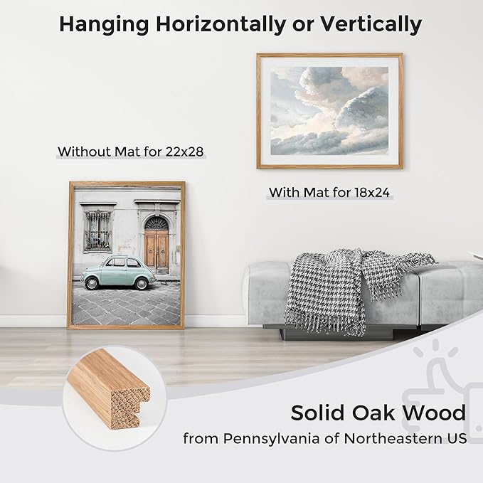 Axeman 22x28 Picture Frame with Mat for 18x24, Solid Oak Wood Poster Frame with Tempered Glass, Wooden 22''x28'' Minimalist Photo Frame Puzzle Frame with Wall Hooks for Art Photo and Prints, Natural