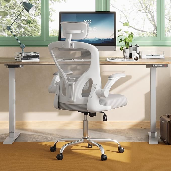 DEVAISE Office Chair, High Back Mesh Ergonomic Desk Chair with Flip-up Armrests, Adjustable Headrest and Lumbar Support, White