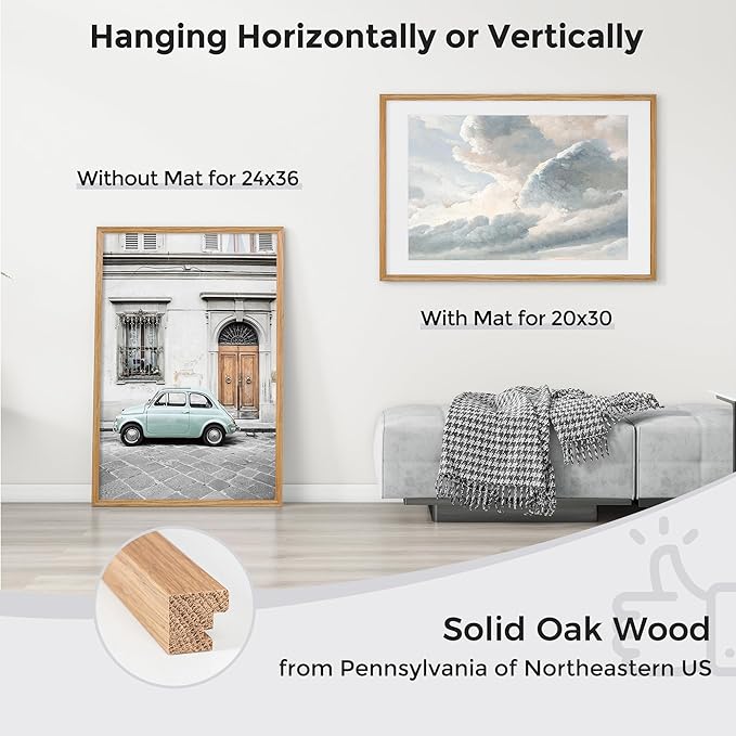 Axeman 24x36 Picture Frame with Mat for 20x30, Solid Oak Wood Poster Frame with Tempered Glass, Wood 24''x36'' Minimalist Photo Frame Movie Poster Frame with Wall Hooks for Art Photo Prints, Natural