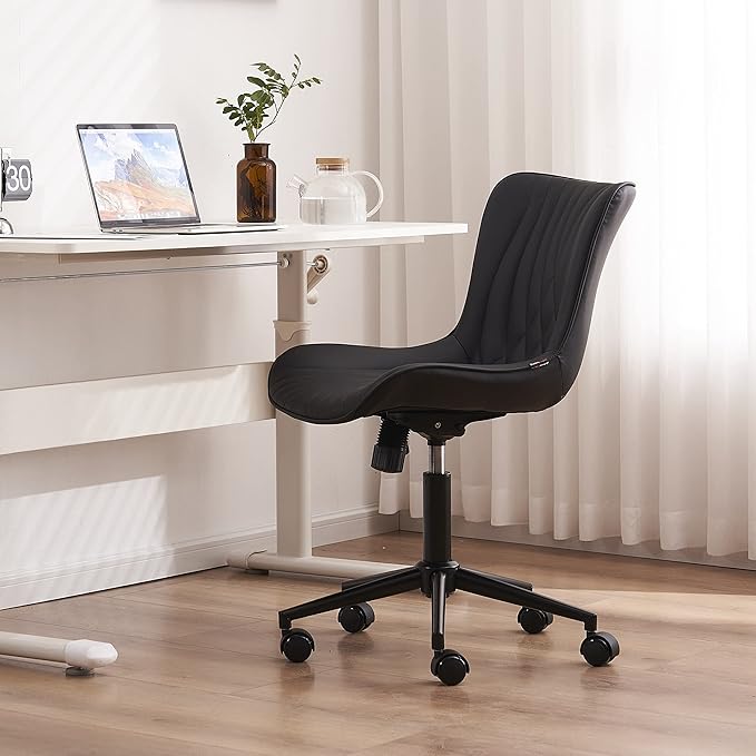 YOUTASTE Black Office Chair, Modern Armless Desk Chair with Back, Adjustable Swivel Rolling Faux Leather Task Chair with Wheels Metal Base for Home Office, Study, or Vanity