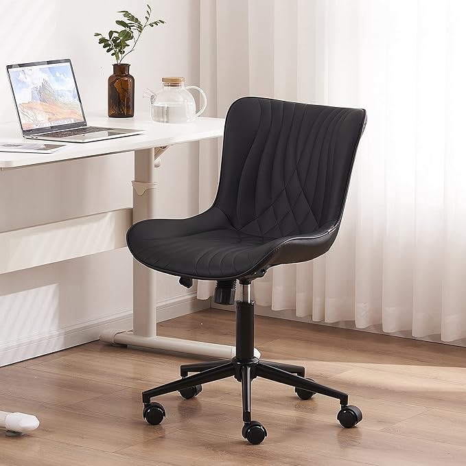YOUTASTE Black Office Chair, Modern Armless Desk Chair with Back, Adjustable Swivel Rolling Faux Leather Task Chair with Wheels Metal Base for Home Office, Study, or Vanity