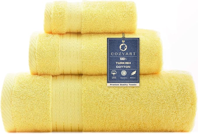 COZYART Luxury Yellow Bath Towels Set, Cotton Hotel Large Towels for Bathroom, Thick Bathroom Sets of 3 with 1 Bath Towel, 1 Hand Towel, 1 Washcloth, 650 GSM