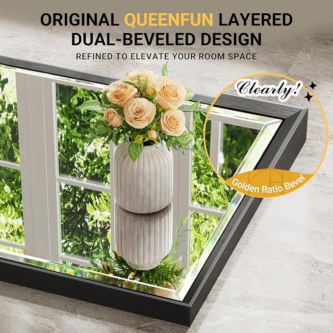 Black Framed Mirror for Bathroom, 30x36 Inch Black Rectangle Beveled Bathroom Vanity Mirror, Anti-Rust Matte Black Metal Frame Mirror for Wall, Vertical/Horizontal Wall-Mounted Mirrors
