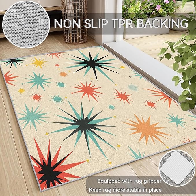 Retro Atomic Rug 5x7, Washable Mid Century Modern Rugs for Living Room Bedroom, Contemporary Geometric Area Rug for Home Decor, Non Slip Backing Floor Carpet with Gripper - 5 x 7 ft
