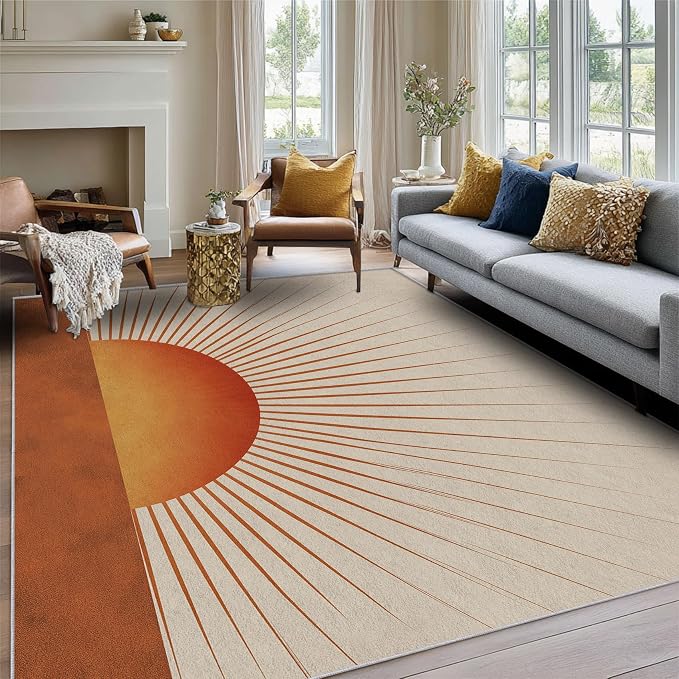 Retro Sunburst Area Rug, Mid Century Sun Pattern Carpet, Washable Non Slip Low Pile Soft Thin, Living Room Bedroom Home Decor Mat 6x8ft