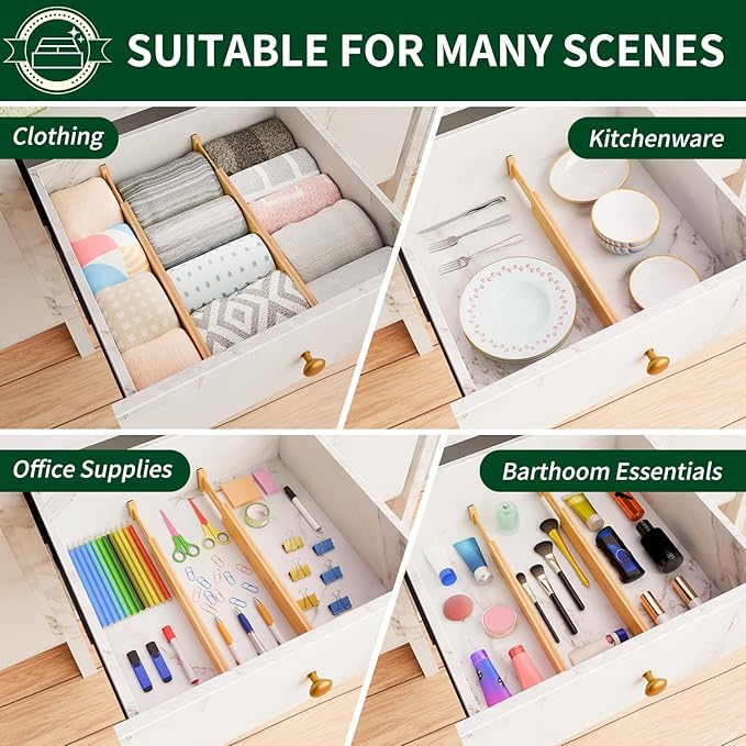 6 Pack Bamboo Drawer Dividers 2.6" High, Adjustable Spring Loaded Clothes
