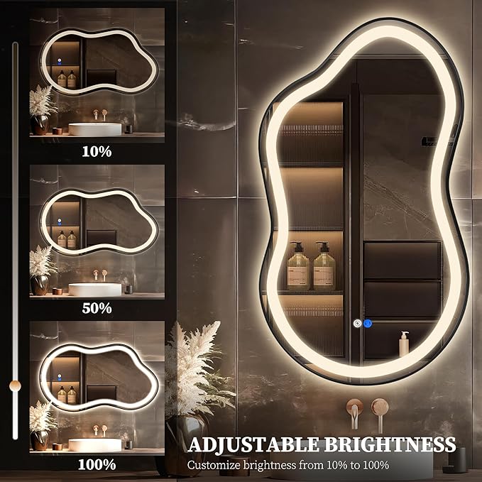 Irregular LED Bathroom Mirror with Lights, Cloud Smart Backlit Mirror, Dimmable Lighted Bathroom Mirror with Anti-Fog, Asymmetrical Vanity Mirror Hangable 2 Ways (Black, 26" x 46", 2 Pack)