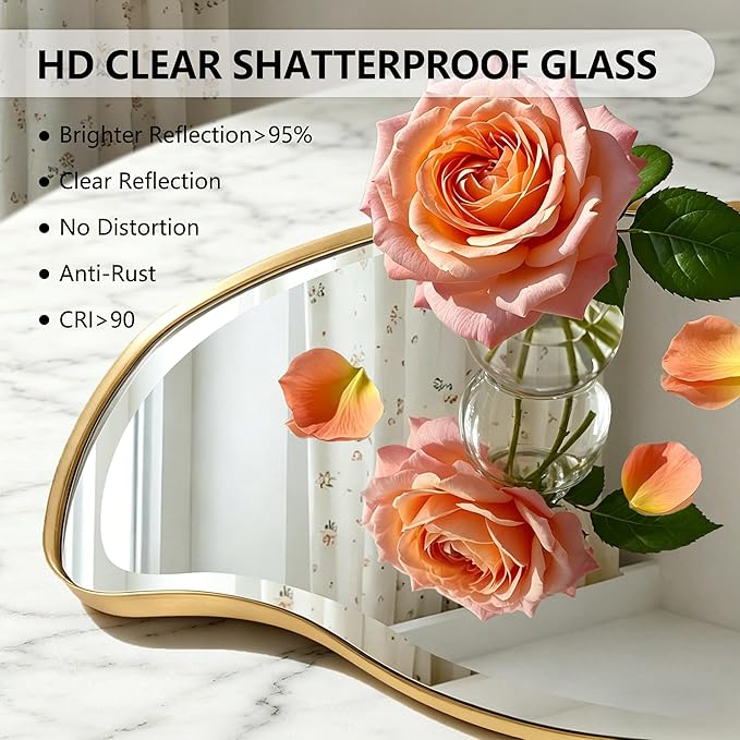 POZINO Large Irregular Beveled Mirror, 53"x24" Asymmetrical Wall Mirror with Gold Metal Frame, Organic Shape Mirrors for Entryway Hallway Living Room Bathroom Bedroom, Horizontal/Vertical Hanging