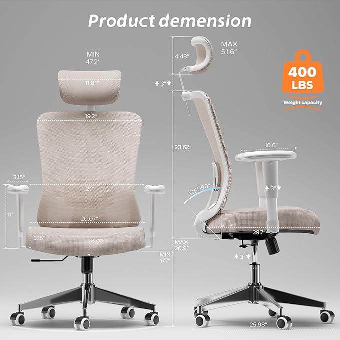 Ergonomic Office Chair with Adjustable Lumbar Support & Flip-Up Armrests - High Back Computer Desk Chair with Thickened Seat Cushion, Rolling Wheels for Home/Office Study Work (05khaki)