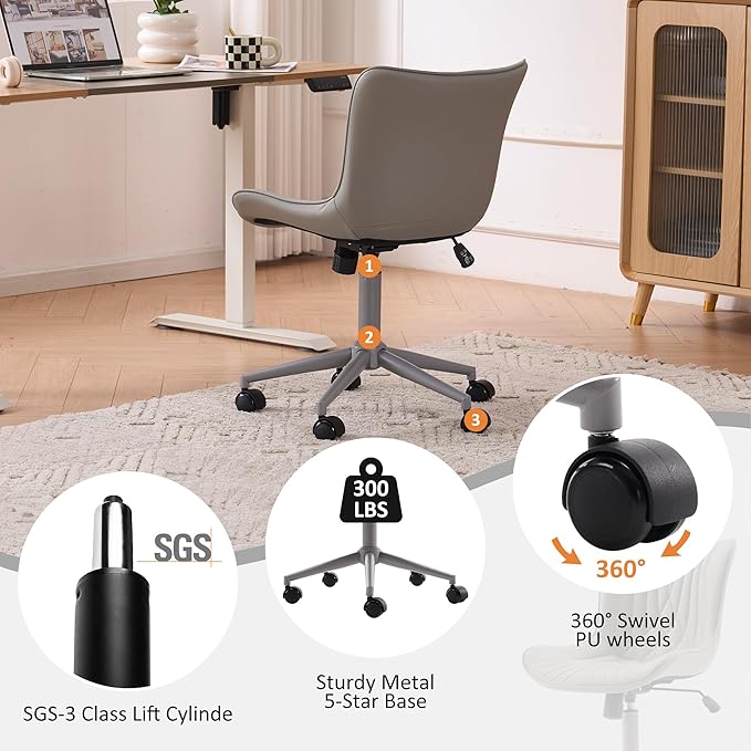 YOUTASTE All Grey Office Chair, Modern Armless Desk Chair with Back, Adjustable Swivel Rolling Faux Leather Task Chair with Wheels Metal Base for Home Office, Study, or Vanity