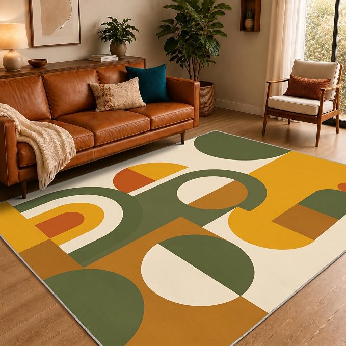 Mid Century Area Rug 5x6, Home Decor | Olive Mustard Bauhaus Circle, Retro Geometric Rug for Living Room, Bedroom, Home Office, Non Slip, Washable, Low Pile