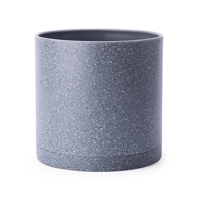 D'vine Dev 10 Inch Plastic Planter Pots for Plant Pot with Drainage Hole and Seamless Saucers, Speckled Gray Color, 74-X-G-2