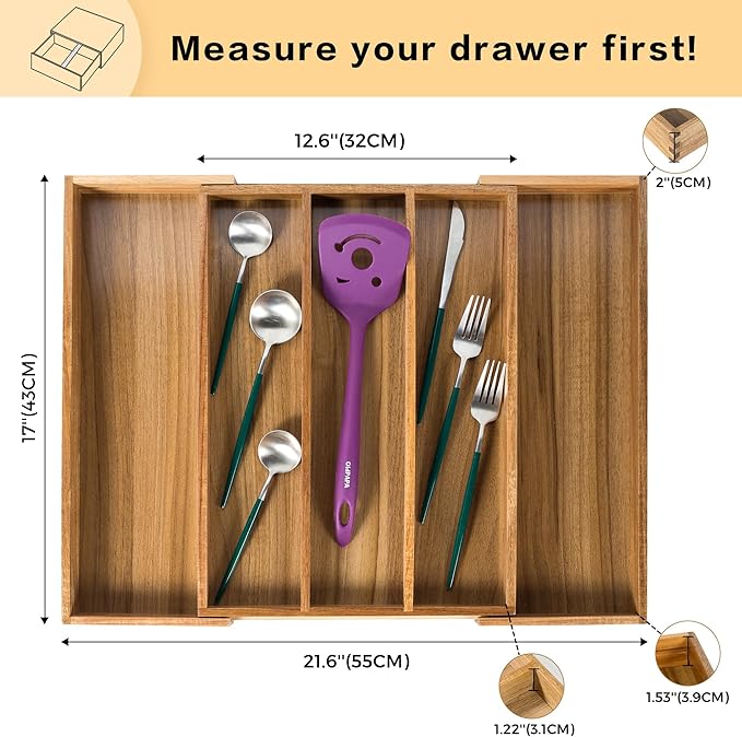Utoplike Acacia Kitchen Drawer Organizer Expandable, Large Utensils and Cutlery