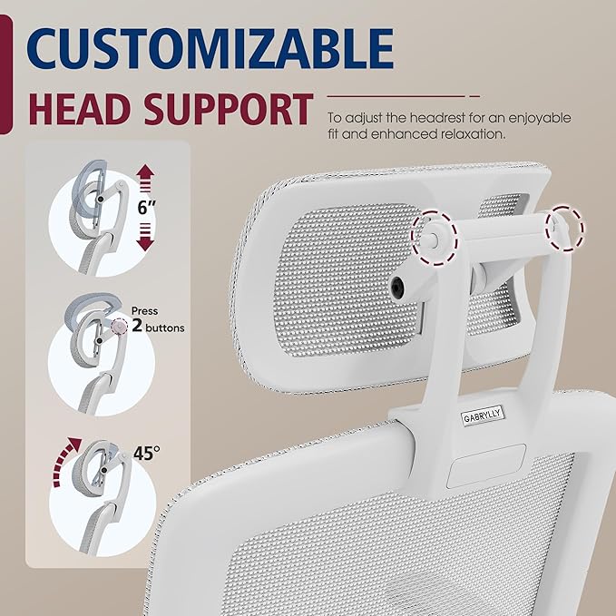 GABRYLLY Ergonomic Office Chair, High Back Home Desk Chair with Headrest, Flip-Up Arms, 90-120° Tilt Lock and Wide Cushion, 400LBS Mesh Chairs for Man Woman, White Task Chair(Grey,GY01WG)