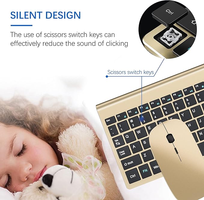 Wireless Keyboard and Mouse Ultra Slim Combo, TopMate 2.4G Silent Compact USB 2400DPI Mouse and Scissor Switch Keyboard Set with Cover, Batteries Included, for PC/Laptop/Windows/Mac - Gold Black