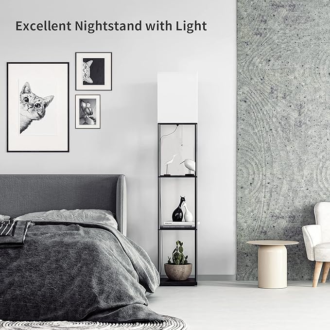 SUNMORY Floor Lamp with Shelves, Modern Square Standing Lamp with 3 Color Temperature Bulb, Corner Display Bookshelf Lamp for Living Room and Bedroom(Black)