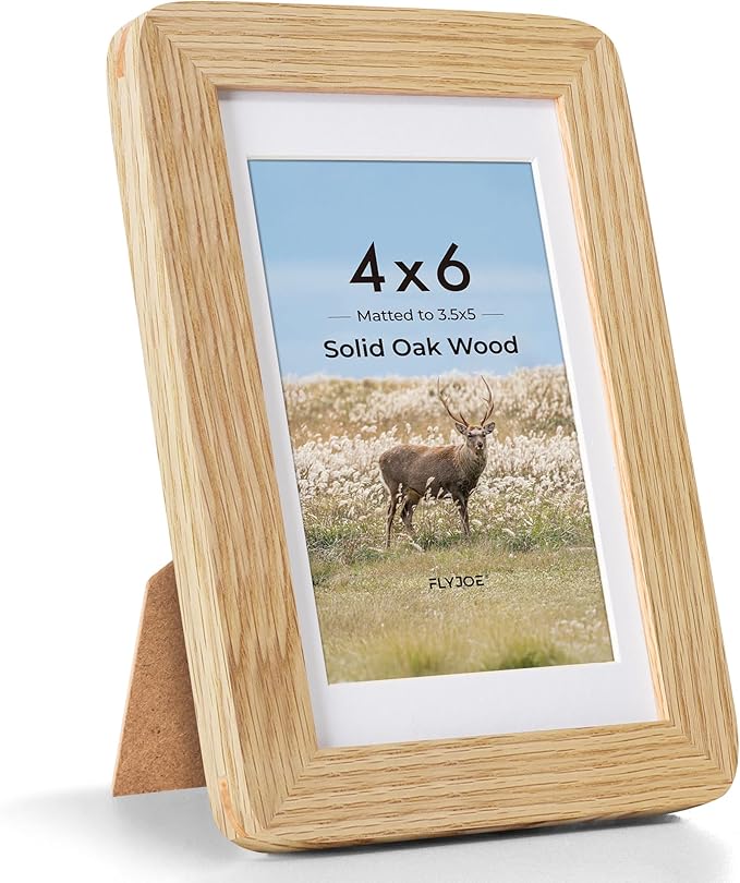 4x6 Picture Frame - Solid Oak Wood Frame 4x6 with Mat for 3.5x5, 4''x6''Photo Frame,Tabletop and Wall Display, Hanging Hardware Included, 4 By 6 Picture Frame Wood, Natural Oak