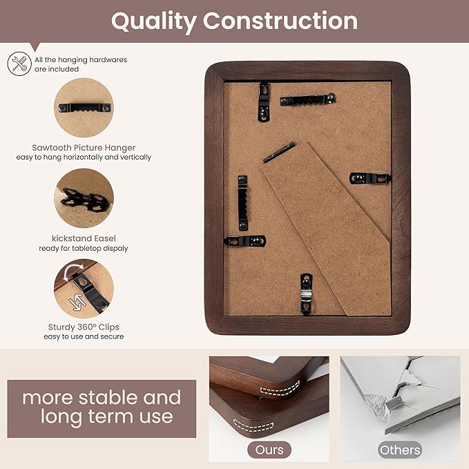 5x7 Picture Frame - Solid Walnut Wood 5 x 7 Photo Frame, 5''x7'' Frame With Mat For 4x6, Tabletop and Wall Display, Hanging Hardware Included, 5 By 7 Picture Frame Wood, Natural Walnut