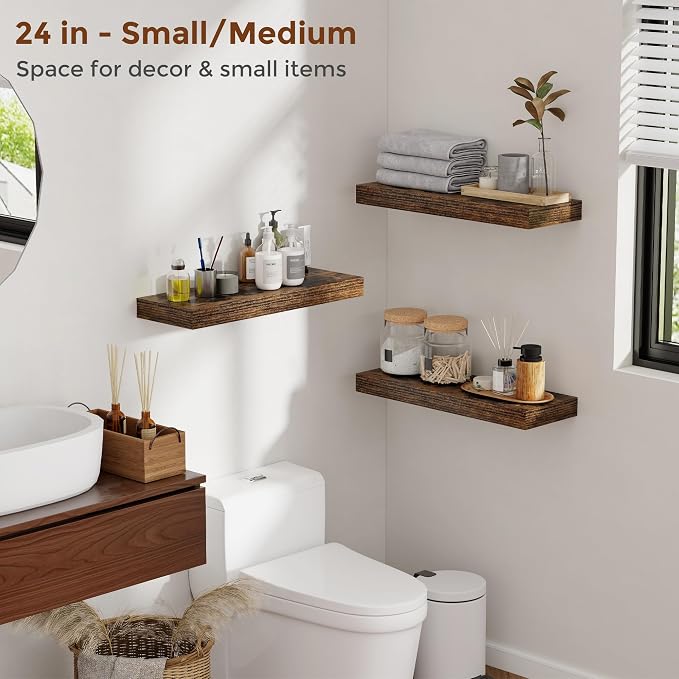 Heimlove 48 Inch Floating Shelves for Wall 8 Inch Deep Rustic Brown Shelves Set of 2,Wall Mounted Rustic Wood Long Floating Shelf，Large Display & Storage Shelf with Invisible Brackets