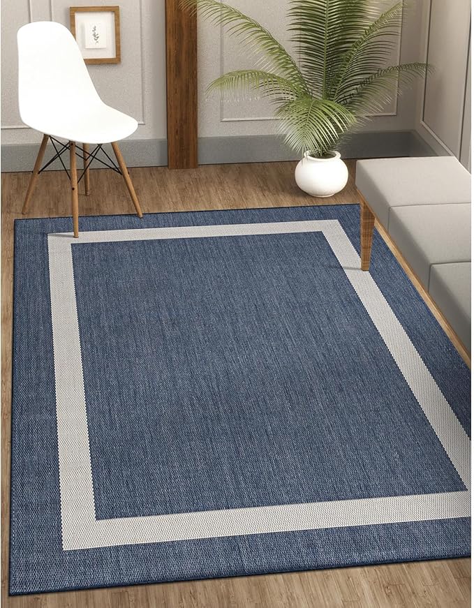 CAMILSON Outdoor Rug 10x14, Large Modern Outside Rugs for Patios Porches Waterproof Durable Washable Non-Shedding, Easy-to-Clean Indoor Outdoor Area Carpet (10 x 14, Bordered - Blue/White)