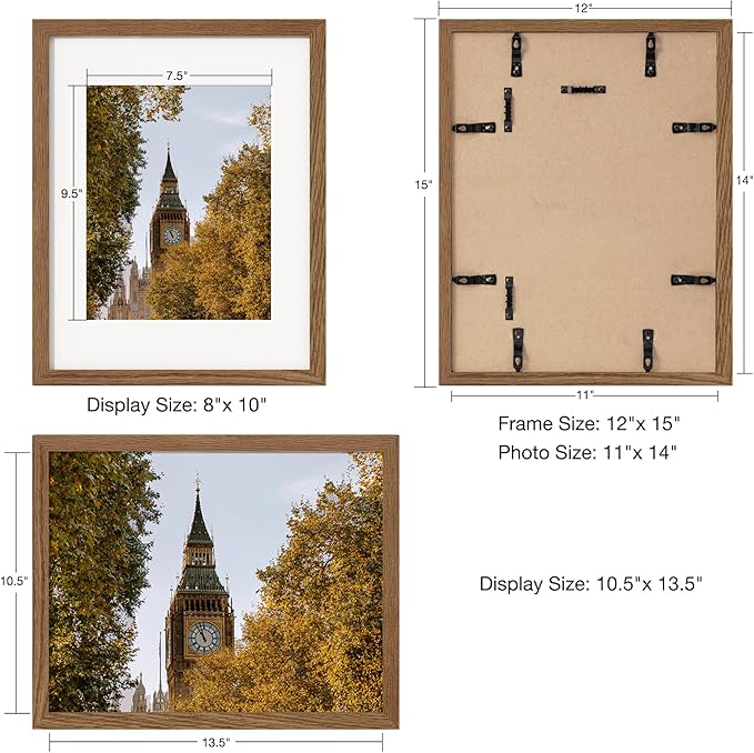 Axeman 11x14 Picture Frame with Mat for 8x10, Solid Oak Wood Picture Frames with Tempered Glass, Natural Wooden 11x14 inch Photo Frame for Wall, Wall Hook Included for Art Photo and Prints, Walnut