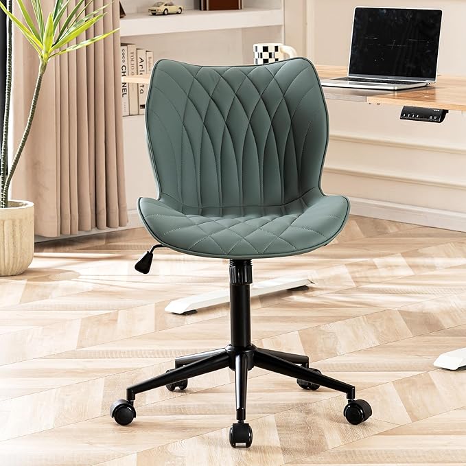 YOUNUOKE Armless Desk Chair Comfy Office Chair with Wheels Home Ergonomic Task Chair Adjustable Computer Chairs Modern Faux Leather Swivel Chair Upholstered Makeup Vanity Chair(Grayish Green)