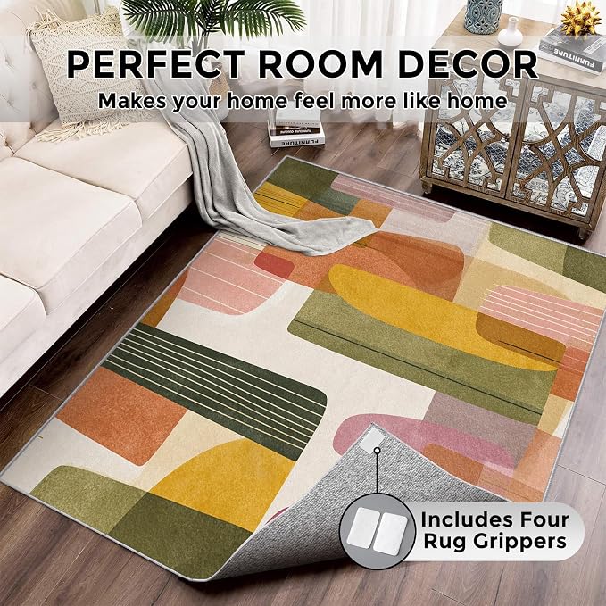 2x3 Mid Century Modern Throw Rugs for Entryway, Washable Abstract Geometry Pattern Indoor Door Mat, Bedroom Kitchen Entrance, Non Slip Soft Thin, Boho Decor Small Area Rug PF-P 117