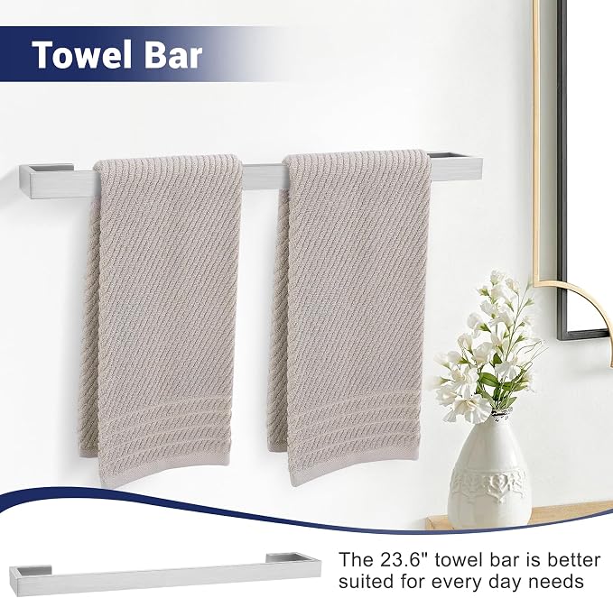 Brushed Nickel Bathroom Hardware Set, 4-Piece Bath Towel Bar Set SUS304 Stainless Steel Towel Rack Set for Bathroom, 23.6 inches Bathroom Towel Holder Set Wall Mounted