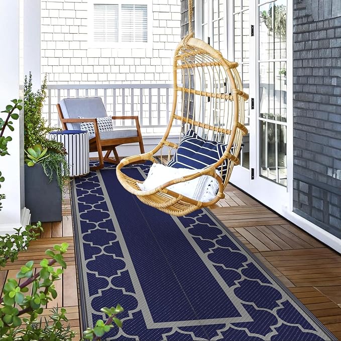 GENIMO 2.5 ' x 8 ' Outdoor Rug for Porch Patio Clearance, Waterproof Indoor Outdoor Plastic Straw Rugs Carpet, Reversible Outside Area Rv Mat for Camping, Balcony, Deck, Picnic, Beach (Blue & Gray)