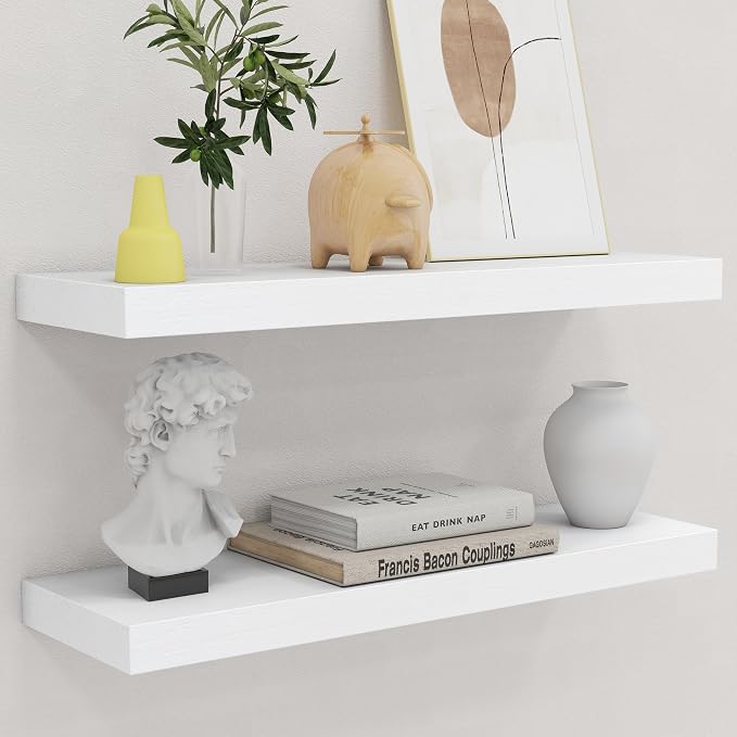 fuqing White Floating Shelves for Wall - 24 Inch Wide x 6.7 Inch Deep Solid Wood Shelves Set of 2 - White Wood Ledge Shelf for Bedroom Bathroom Living Room Kitchen