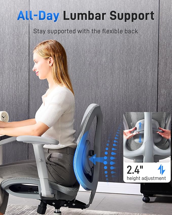 Ergonomic Office Desk Chair, Comfortable Computer Gaming Chair, Breathable Mesh Back & Seat, Adjustable Armrest, Lumbar Support, Butterfly Design for Home Office (Gray)