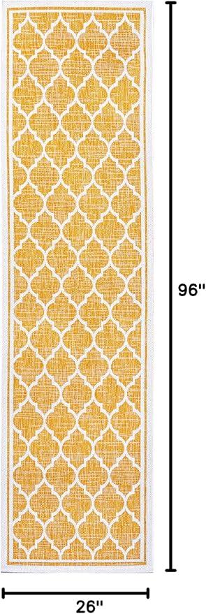 Eyely BMS109F-28 Santa Monica Trebol Moroccan Trellis Textured Weave Indoor/Outdoor Runner Rug Coastal;Bohemian, Bedroom, Backyard, Patio, Easy-Cleaning, Non-Shedding, 2 X 8, Yellow/Cream
