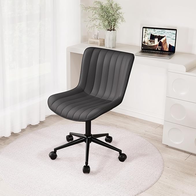 YOUNIKE Black Compact Home Office Desk Chair with Wheels Comfy Armless Cute Vanity Chair with Adjustable Rocking Back Modern Leather Upholstered Rolling Swivel Small Task Drafting Sewing Chair