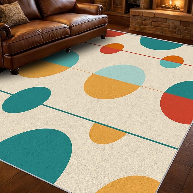 Mid Century Modern Area Rug 8x12, Washable Non Slip Low Pile Abstract Geometric Carpet for Living Room Bedroom Dining Room, Minimalist Retro Circle Accent Rug, Ivory Teal Mustard Orange