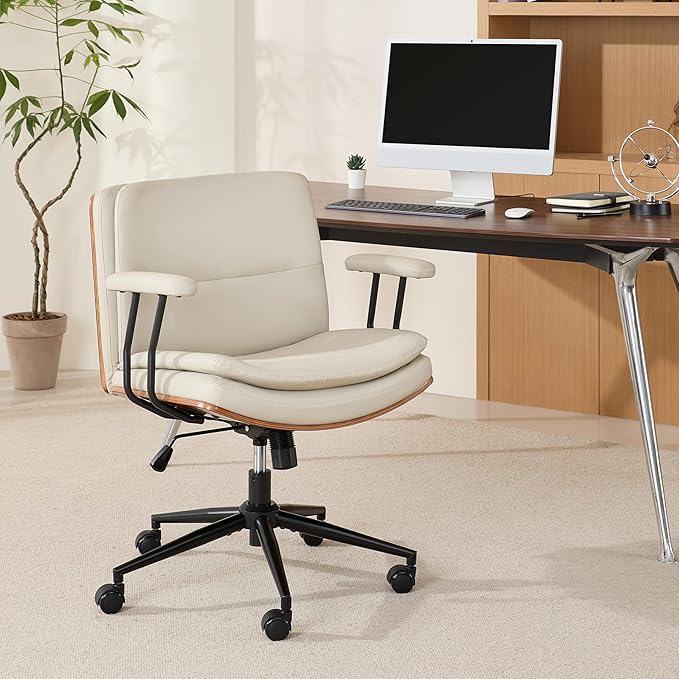 Criss Cross Chair with Armrests & Wheels, PU Leather Adjustable Swivel Walnut Task Chair with Wide Seat, Ergonomic Mid Back Computer Office Desk Chairs for Meeting Room, Home